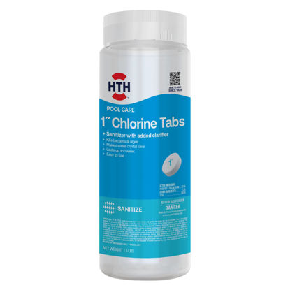 Picture of HTH 42049 Pool Care 1" Chlorine Tabs, Swimming Pool Sanitizer with Added Clarifier - Eliminates Bacteria & Algae, Makes Water Clean & Crystal Clear, Sanitizes & Protects - Slow Dissolving, 1.5 lbs