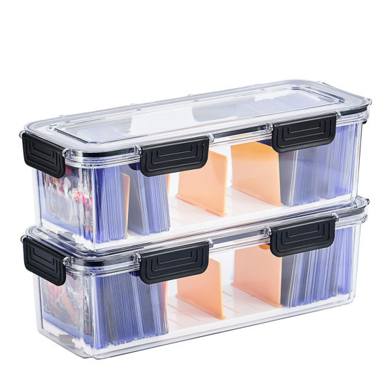 Picture of DEEIF Toploader Storage Box, Trading Card Storage Box with 5 Dividers, Hard Plastic TCG Card Storage Box for Top Loaders, Large for 165 Toploaders 650 Cards (2 Pack)