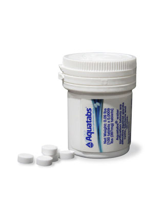 Picture of Aquatabs 397mg Water Purification Tablets (100 Pack). Water Filtration System for, Camping, Boating, Emergencies, Survival, RVs, and Marine-Use. Easy to Use Treatment and Disinfection.