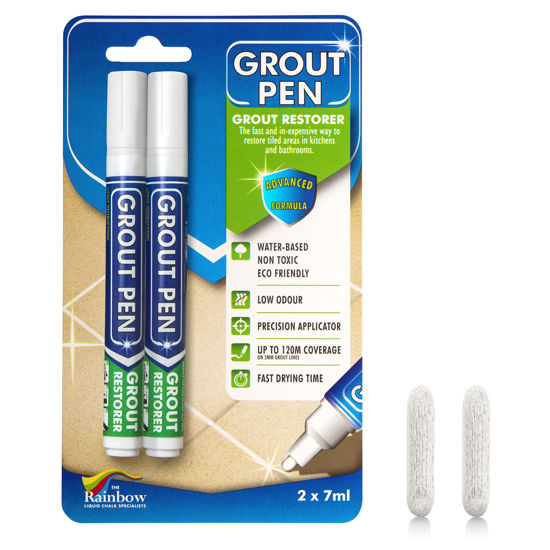 Picture of Grout Pen White Tile Grout Paint Marker: Waterproof Tile Grout Colorant and Sealer Pens for Cleaner Looking Floors & Whitener Without Bleach - Narrow 5mm, 2 Pack with Extra Tips (7mL) - White