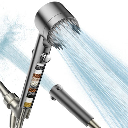 Picture of PWERAN Filtered Shower Head with Handheld, High Pressure Water Flow and Multiple Spray Modes Shower Head with Filter, Power Wash for Hard Water, Showerhead with ON/OFF Switch for Pets Bath
