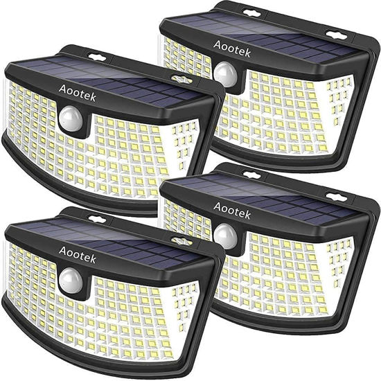 Picture of Aootek New Solar Motion Sensor Lights 120 LEDs with Lights Reflector,270° Wide Angle, IP65 Waterproof, Step Lights for Front Door, Yard, Garage, Deck (4-Pack)