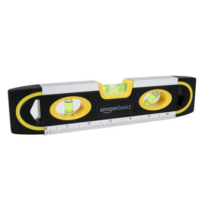 Picture of Amazon Basics 9-inch Easy to Use Magnetic Torpedo Level and Ruler, with 180/90/45 Degree Bubbles, Black, Yellow