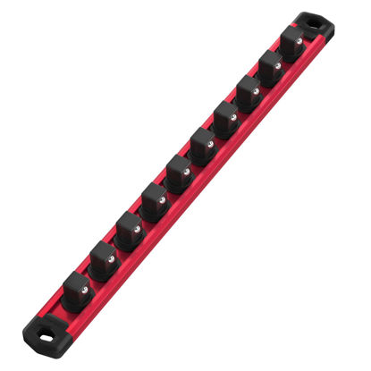 Picture of WORKPRO Magnetic Socket Organizer, 3/8-Inch Drive Aluminum Alloy Socket Rail, Heavy Duty Socket Holder, Socket Rack Kit 3/8-Inch x 10 Clips(Red)