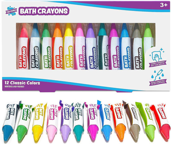 Picture of Tub Works® Smooth™ Bath Crayons Bath Toy, 12 Pack | Nontoxic, Washable Bath Crayons for Toddlers & Kids | Unique Formula Draws Smoothly & Vividly on Wet & Dry Tub Walls | Hexagon Grip Bathtub Crayons
