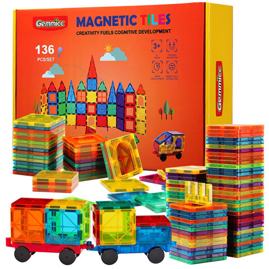 Picture of Gemmicc Magnetic Tiles, Deluxe 136 PCS Building Blocks Magnet Toys for Kids,3D Magnet Puzzles Stacking Blocks for Boys Girls,Huge Set with 2 Cars