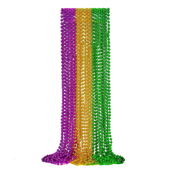 Picture of EOBOH 12PCS Mardi Gras Beads, Green Purple Gold Mardi Gras Metallic Beads Costumes Necklaces Bulk, Mardi Gras Beads Necklace Costumes Accessory Sets for Parade Throws Party Decorations Favor Supplies