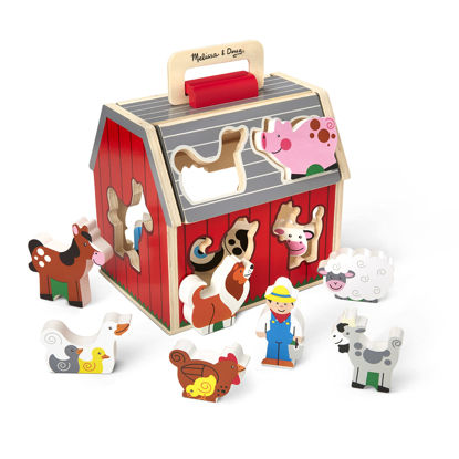 Picture of Melissa & Doug Wooden Take-Along Barn Toy with Flip-Up Roof and Handle, 10 Farm Play Pieces, Shape Sorting And Stacking Learning Toys For Toddlers And Kids Ages 2+