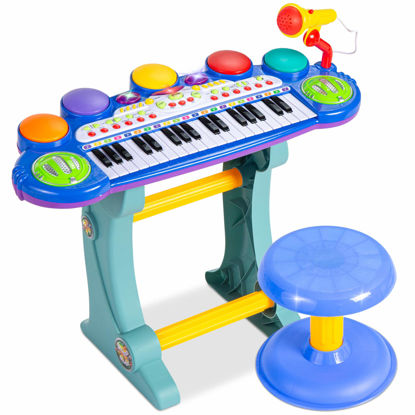 Picture of Best Choice Products 37-Key Kids Electronic Musical Instrument Piano Learning Toy Keyboard w/Multiple Sounds, Lights, Microphone, Stool - Blue