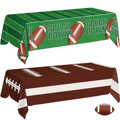 Picture of Football Party Decorations - 2 Pack Football Tablecloth Plastic, Disposable TouchDown Table Cover for Football Sport Birthday Party Supplies Favors Gameday Tailgate Table Decor Accessories, 108x54Inch