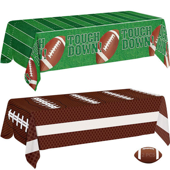 Picture of Football Party Decorations - 2 Pack Football Tablecloth Plastic, Disposable TouchDown Table Cover for Football Sport Birthday Party Supplies Favors Gameday Tailgate Table Decor Accessories, 108x54Inch