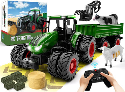 Picture of Uarzt Remote Control Tractor Toy, Kids RC Tractor Set & Truck and Trailer Front Loader - Metal Car Head/8 Wheel/Light, Toddlers Farm Vehicle Toys for 3 4 5 6 7 8 9 Year Old Boys Girls Birthday Gift