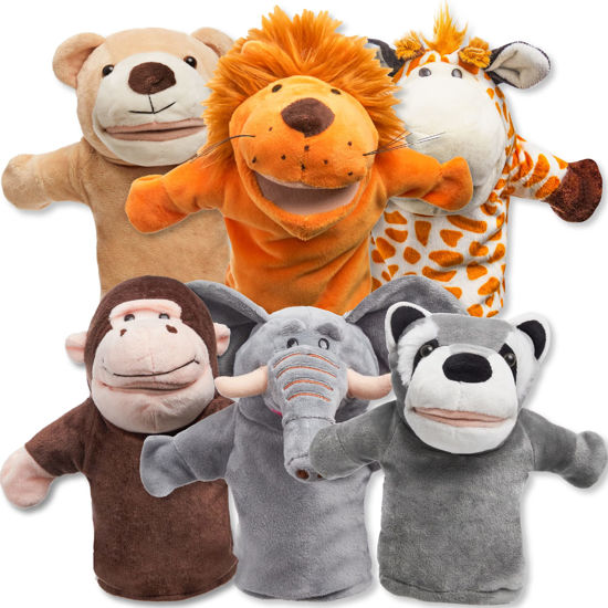 Picture of JOYIN 6Pcs Kids Hand Puppet Set with Working Mouth, Toddler Animal Plush Toy Includes Elephant, Giraffe, Lion, Bear, Raccoon and Monkey for Show Theater, Birthday Gifts