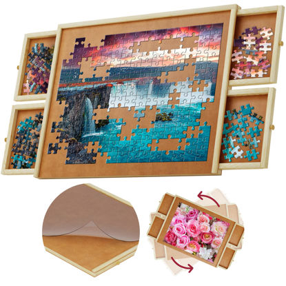 Picture of 1000 Piece Wooden Jigsaw Puzzle Board - 4 Drawers, Rotating Puzzle Table | 30” X 22” Jigsaw Puzzle Table | Puzzle Cover Included - Portable Puzzle Tables for Adults and Kids by Beyond Innoventions
