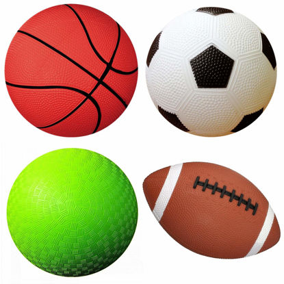 Picture of AppleRound Pack of 4 Sports Balls with 1 Pump for Toddlers and Kids: 1 Each of 5-Inch Soccer Ball, 5-Inch Basketball, 5-Inch Playground Ball, and 6.5-Inch Football