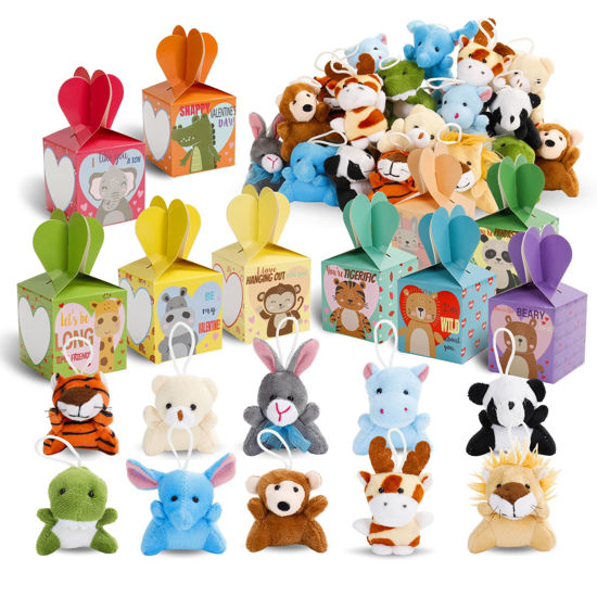 Picture of ATFUNSHOP Valentines Day Gifts for Kids with Animal Plush Toys 30 Pack Valentines Mini Keychains and Heart Gift Box in Bulk Exchange for Toddlers Girls Boys School Class Classroom Party Favors