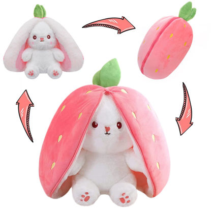 Picture of MIAODAM Bunny Stuffed Animal Reversible Cuddle Bunny Stuffed,Strawberry Bunny Transformed Rabbit Plush Zipper,Carrot That Turns Into Ears Bunnies Plushies Toy Cute Stuffy Doll Easter Girlfriend Gift