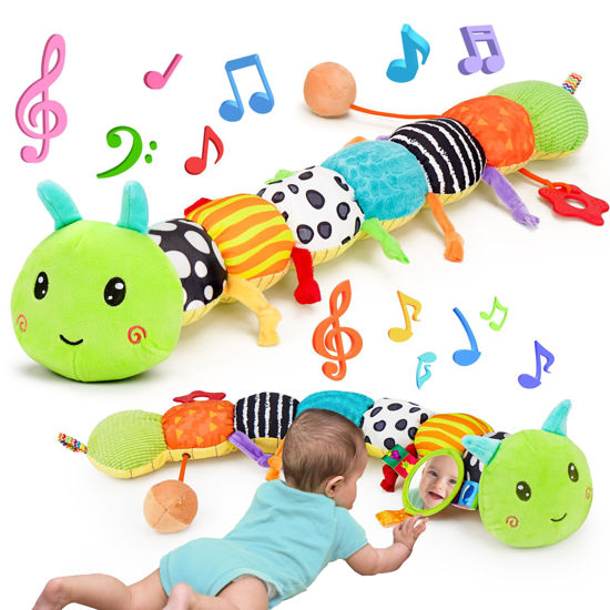 Picture of Baby Sensory Toy 0-6 Month Music Animal Stuffed Plush Caterpillar Toy for Infant 0-3-6 Month Tummy Time with Baby Mirror Crinkle Rattle for 6-12 Month Texture Toy for Newborn Boys Girls Birthday Gifts
