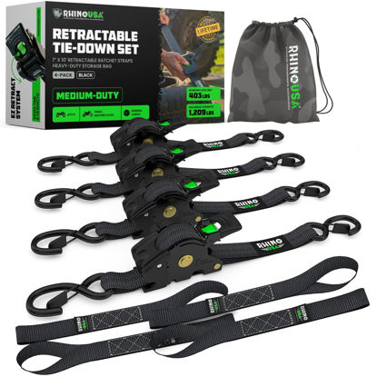 Picture of Rhino USA Retractable Ratchet Straps (4-Pack) - 1 Inch x 10 Feet (1,209lb Break Strength) - Heavy Duty Auto Self Retracting Tie Down Straps for Truck, Cargo Trailer, Motorcycle, Rad & More - Black