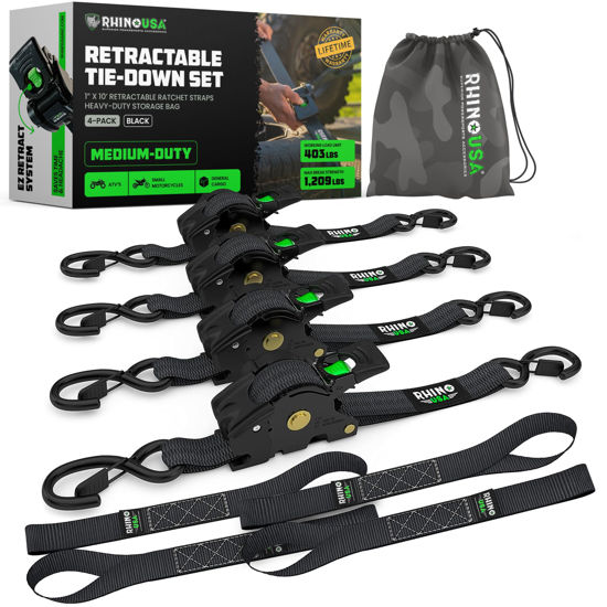Picture of Rhino USA Retractable Ratchet Straps (4-Pack) - 1 Inch x 10 Feet (1,209lb Break Strength) - Heavy Duty Auto Self Retracting Tie Down Straps for Truck, Cargo Trailer, Motorcycle, Rad & More - Black