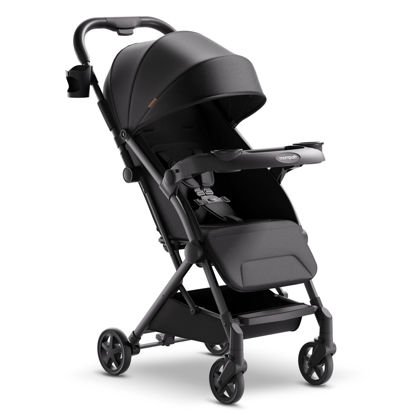 Picture of Mompush Lithe V2 Lightweight Stroller + Snack Tray, Ultra-Compact Fold & Airplane Ready Travel Stroller, Near Flat Recline Seat, Cup Holder, Raincover & Travelbag Included