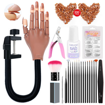 Picture of Saviland Practice Hand for Acrylic Nails, Flexible Moveable Fake Hands, Manicure Trainng Hand Nail Kit for Beginners, Movable Nail Maniquin Hand with 200PCS Nail Tips, Nail Glues, Brush and Clipper