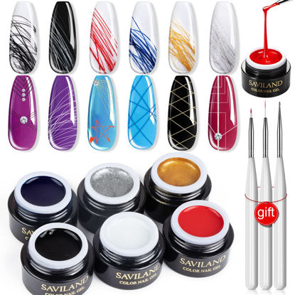 Picture of SAVILAND 6 Colors Spider Gel, New Upgraded Matrices Spider Gel with Nail Art Brushes, Nail Designs Gel Paint Wire Drawing Gel Polish for Line (White Black Red Blue Gold Silver)