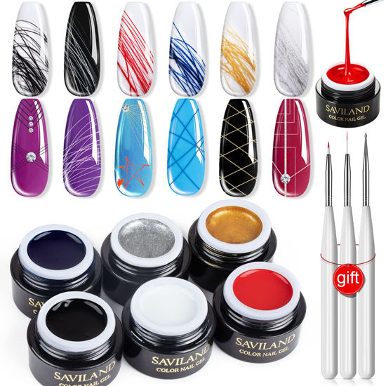 Picture of SAVILAND 6 Colors Spider Gel, New Upgraded Matrices Spider Gel with Nail Art Brushes, Nail Designs Gel Paint Wire Drawing Gel Polish for Line (White Black Red Blue Gold Silver)