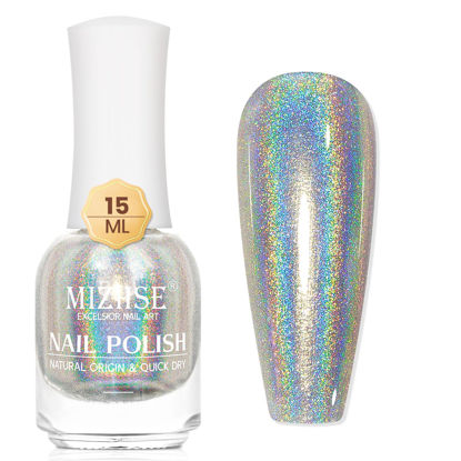 Picture of MIZHSE Holographic Nail Polish, Silver Glitter Nail Polish Air Dry Fast, 15 ml 0.5 fl oz High Glossy Shiny Nail Pigment Oil-based Laser Iridescent Nail Polish Chrome Halo Nail Art Salon Manicure Home