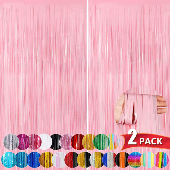 Picture of Pastel Pink Metallic Tinsel Foil Fringe Curtains, 2 Pack 3.3x8.3 Feet Streamer Backdrop Curtains for Birthday Party Decorations, Halloween Decor, Foil Curtain Backdrop for Bachelorette Party