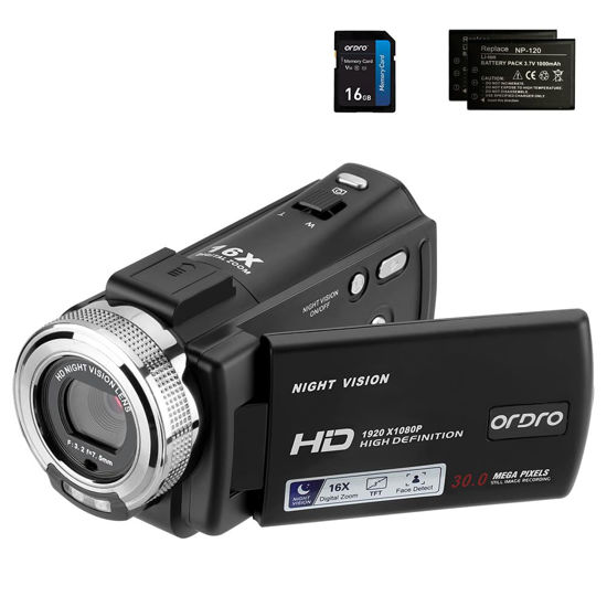 Picture of ORDRO Camcorders HDV-V12 HD 1080P Video Camera Recorder Infrared Night Vision Camera Camcorders with 16G Memory Card and 2 Batteries