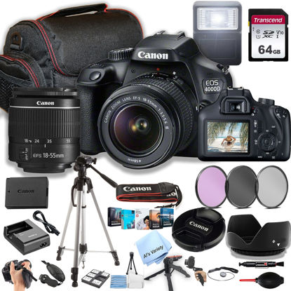 Picture of Canon EOS 4000D / Rebel T100 DSLR Camera w/EF-S 18-55mm F/3.5-5.6 Zoom Lens + 64GB Memory, Filters,Case, Tripod, Flash, and More (34pc Bundle) (Renewed)