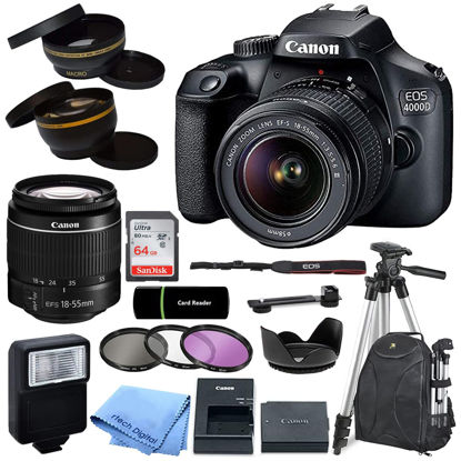 Picture of Canon EOS 4000D / Rebel T100 DSLR Camera with EF-S 18-55mm Zoom Lens + SanDisk 64GB Memory Card + Tripod + Case + Wideangle Lenses + Rtech Digital Cloth (20pc Bundle), Black, cn4000d bundle (Renewed)