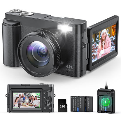 Picture of 4K Digital Camera for Photography and Video, Autofocus Anti-Shake 48MP Vlogging Camera for YouTube, 3'' 180°Flip Screen Camera with Flash 16X Zoom, Digital Camera with 32GB Card Battery Charger Black