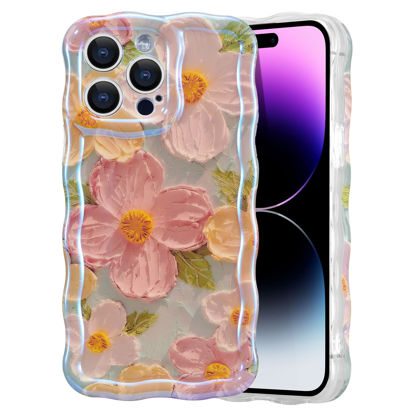 Picture of EYZUTAK Case for iPhone 14 Pro Max, Colorful Retro Oil Painting Printed Flower Laser Glossy Pattern Cute Curly Wave Edge Exquisite Stylish Durable TPU Protective Phone Cover for Girls Women-Green