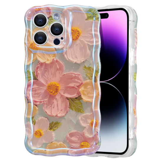 Picture of EYZUTAK Case for iPhone 14 Pro Max, Colorful Retro Oil Painting Printed Flower Laser Glossy Pattern Cute Curly Wave Edge Exquisite Stylish Durable TPU Protective Phone Cover for Girls Women-Green