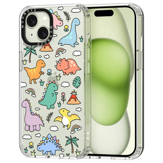 Picture of MOSNOVO Case for iPhone 15, [Buffertech 6.6ft Military-Grade Drop Protection] [Anti Peel Off Tech] Clear TPU Bumper Phone Case Cover Design - Dinosaur Land
