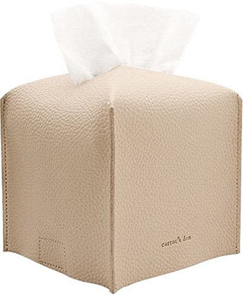 Picture of Tissue Box Cover Holder, Square with Bottom Belt by Carrot's Den - PU Leather Decorative Organizer for Tabletop, Bathroom, Car, Office | Beige