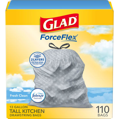 Picture of Glad Tall Kitchen Drawstring Trash Bags - Odorshield 13 Gallon White Trash Bag, Febreze Fresh Clean, 110 Count