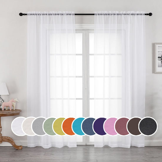 Picture of OWENIE White Sheer Curtains 84 inches Long 2 Panels Set, Sheer White Curtains for Living Room/Bedroom, Rod Pocket Voile Sheer Curtain Drapes, 2pcs, Each 42" W x 84" L