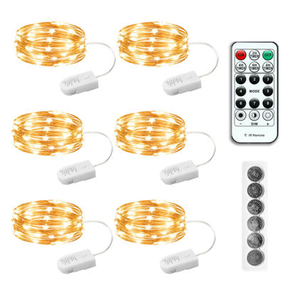Picture of SINAMER 6PCS Fairy Lights Battery Powered with Remote, 7ft 20LEDs Warm White Twinkle Mini Lights with Timer, Waterproof Small Silver Wire Firefly Starry for DIY Wedding Party Christmas