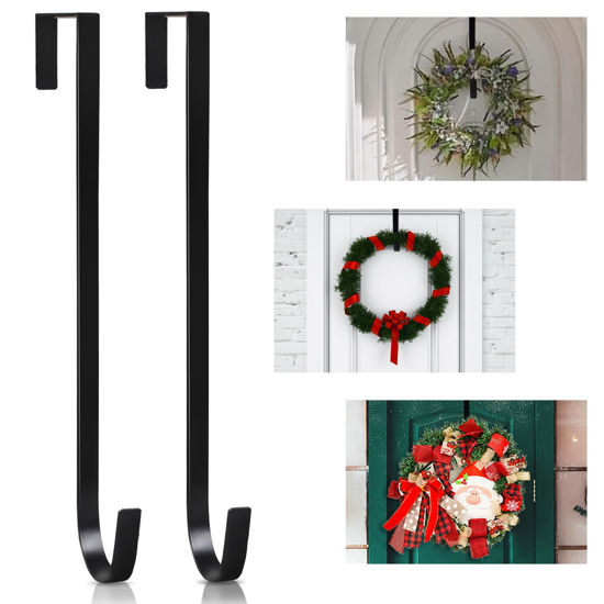 Picture of PECULA 2 Pack 14” Wreath Hangers for Front Door, Wreath Door Hanger 40lb Load-Bearing, Metal Wreath Hanger for Welcome Sign, Door Wreath Hanger for Halloween, Easter, Christmas Decorations (Black)