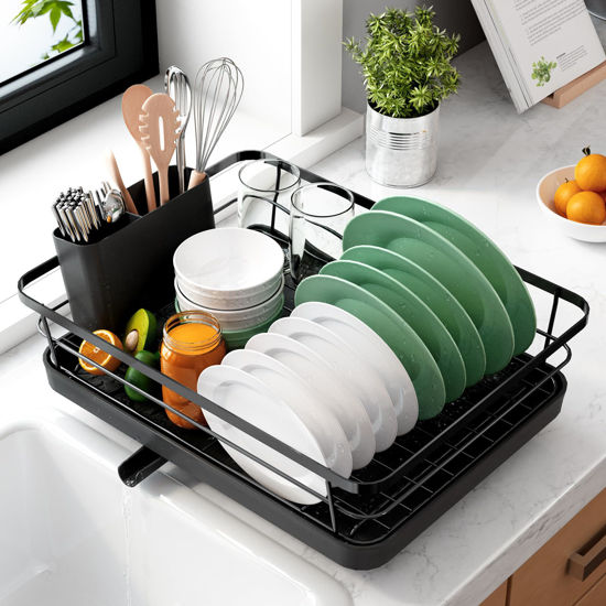 Picture of Kitsure Dish Drying Rack- Space-Saving Dish Rack, Dish Racks for Kitchen Counter, Stainless Steel Kitchen Drying Rack with a Cutlery Holder, 12''W x 15''L, Black