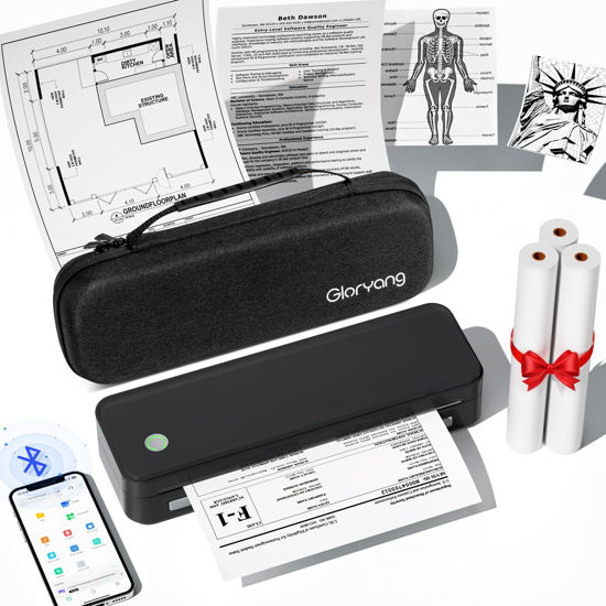 Picture of Gloryang Inkless Portable Printer for Travel, Wireless Thermal Printer Supports 8.5 x 11 Inch US Letter Size, Bluetooth Printer Includes Carry Case and 3 Rolls of Thermal Paper Kit, Black