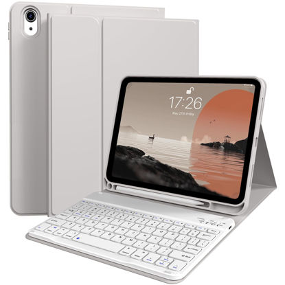 Picture of kenke for iPad 10th Generation Case with Keyboard 10.9 inch 2022, Detachable Wireless Bluetooth iPad Keyboard Case Thin & Light with Built-in Left Side Pencil Holder, White Square Keycaps (Gray