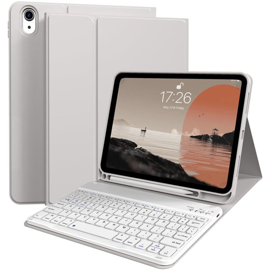 Picture of kenke for iPad 10th Generation Case with Keyboard 10.9 inch 2022, Detachable Wireless Bluetooth iPad Keyboard Case Thin & Light with Built-in Left Side Pencil Holder, White Square Keycaps (Gray
