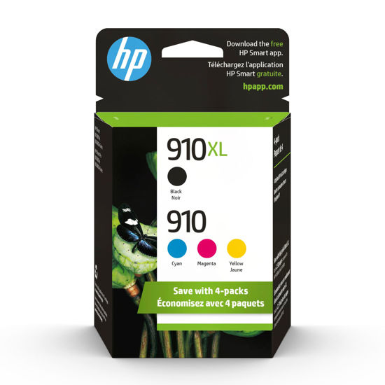 Picture of Original HP 910 Cyan, Magenta, Yellow / 910XL Black Ink Cartridges (4-pack) | Works with HP OfficeJet 8010, 8020 Series; HP OfficeJet Pro 8020, 8030 Series | Eligible for Instant Ink | 3JB41AN