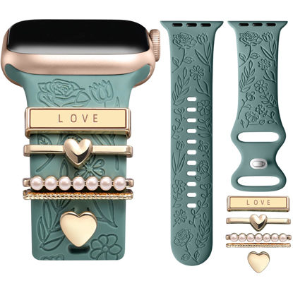 Picture of DaQin Flower Engraved Band Compatible with Apple Watch Bands for Women 40mm 38mm 41mm 42mm, Soft Silicone Band With Decorative Apple Watch Charms for iWatch Series 10 9 8 7 6 5 4 3 2 1 SE (With Band)