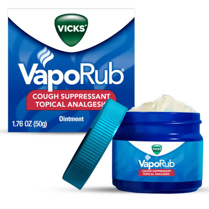 Picture of Vicks VapoRub, Original, Cough Suppressant, Topical Chest Rub & Analgesic Ointment, Medicated Vicks Vapors, Relief from Cough Due to Cold, Aches & Pains, 1.76oz