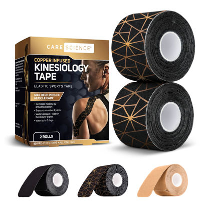 Picture of Care Science Waterproof Kinesiology Tape, 40 ct Precut Strips (2 Rolls), Copper Infused | Water Resistant Strips, Elastic Athletic Tape for Sports & Weightlifting, Muscle Strain Relief & Joint Support
